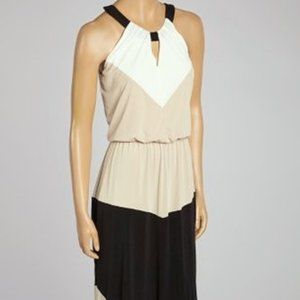 Maggy London Color block Maxi Dress Razorback Style Tan White Black Sz 12